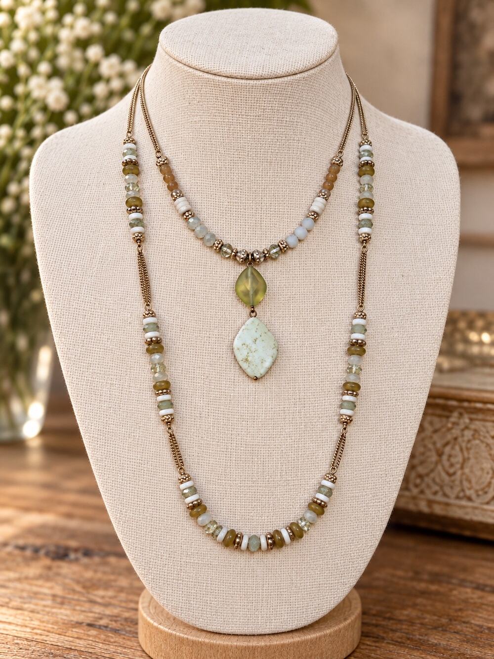 Chico’s Long Layered Beaded Necklace Pendant Gold Tone Boho Statement Jewelry